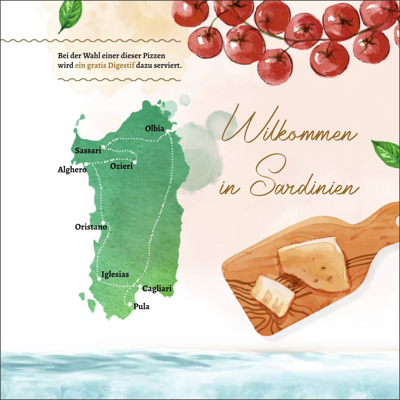 Aquarell-Stillleben sardischer Speisen